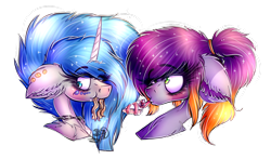 Size: 1024x601 | Tagged: safe, artist:beamybutt, imported from derpibooru, oc, oc only, oc:moonbeam, alicorn, alicorn oc, blushing, bust, chains, collaboration, duo, ear fluff, ethereal mane, eyelashes, horn, mouth hold, simple background, starry mane, transparent background, wide eyes, wings