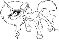 Size: 2658x1812 | Tagged: safe, artist:beamybutt, imported from derpibooru, oc, oc only, oc:sweet tea, pony, unicorn, ear fluff, eyelashes, hoof fluff, horn, lineart, monochrome, raised hoof, simple background, solo, unicorn oc, white background