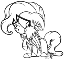 Size: 1138x1072 | Tagged: safe, artist:beamybutt, imported from derpibooru, oc, oc only, pegasus, pony, ear fluff, floppy ears, lineart, male, monochrome, pegasus oc, raised hoof, signature, simple background, solo, stallion, white background, wings