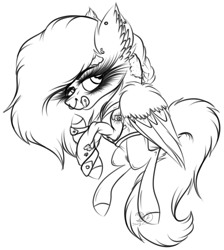 Size: 2230x2491 | Tagged: safe, artist:beamybutt, imported from derpibooru, oc, oc only, pegasus, pony, bedroom eyes, cuffs (clothes), ear fluff, ear piercing, eyelashes, female, high res, licking, licking lips, lineart, mare, monochrome, pegasus oc, piercing, signature, simple background, solo, tongue out, white background, wings