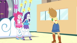 Size: 3410x1920 | Tagged: safe, imported from derpibooru, screencap, applejack, pinkie pie, rarity, equestria girls, equestria girls series, rollercoaster of friendship, applejack's hat, belt, boots, clothes, cowboy boots, cowboy hat, cutie mark, cutie mark on clothes, denim skirt, female, geode of shielding, geode of sugar bombs, hat, high heels, high res, jewelry, magical geodes, necklace, open mouth, rarity peplum dress, shoes, skirt