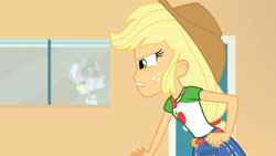 Size: 3410x1920 | Tagged: safe, imported from derpibooru, screencap, applejack, vignette valencia, equestria girls, equestria girls series, rollercoaster of friendship, applejack's hat, belt, clothes, cowboy hat, cutie mark, cutie mark on clothes, denim skirt, female, geode of super strength, hat, high res, jewelry, magical geodes, necklace, skirt