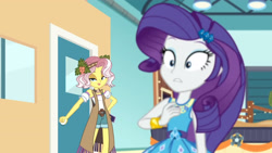 Size: 3410x1920 | Tagged: safe, imported from derpibooru, screencap, rarity, vignette valencia, equestria girls, equestria girls series, rollercoaster of friendship, female, geode of shielding, hairpin, high res, magical geodes, rarity peplum dress, smiling