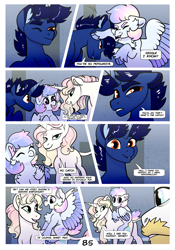 Size: 2100x3000 | Tagged: safe, artist:loryska, imported from derpibooru, prince blueblood, oc, oc:indigo sky, oc:ipomoea (loryska), oc:marshmallow kiss, pony, unicorn, comic:friendship grows, female, filly, high res, magical lesbian spawn, male, mare, offspring, parent:trixie, parent:twilight sparkle, parents:twixie, stallion