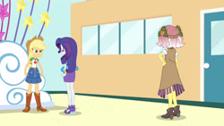 Size: 3410x1920 | Tagged: safe, imported from derpibooru, screencap, applejack, rarity, vignette valencia, equestria girls, equestria girls series, rollercoaster of friendship, applejack's hat, belt, boots, bracelet, clothes, cowboy boots, cowboy hat, cutie mark, cutie mark on clothes, denim skirt, female, geode of super strength, hairpin, hand on hip, hat, high res, jewelry, magical geodes, necklace, rarity peplum dress, shoes, skirt