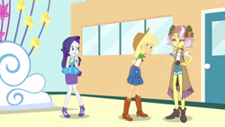 Size: 3410x1920 | Tagged: safe, imported from derpibooru, screencap, applejack, rarity, vignette valencia, equestria girls, equestria girls series, rollercoaster of friendship, applejack's hat, belt, boots, bracelet, clothes, cowboy boots, cowboy hat, cutie mark, cutie mark on clothes, denim skirt, female, geode of super strength, hairpin, hat, high res, jewelry, magical geodes, necklace, open mouth, rarity peplum dress, shoes, skirt, smiling