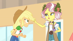 Size: 3410x1920 | Tagged: safe, imported from derpibooru, screencap, applejack, vignette valencia, equestria girls, equestria girls series, rollercoaster of friendship, applejack's hat, belt, cellphone, clothes, cowboy hat, cutie mark, cutie mark on clothes, denim skirt, female, geode of super strength, hat, high res, jewelry, magical geodes, necklace, open mouth, phone, skirt, smartphone