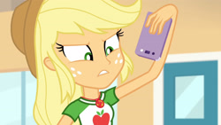 Size: 3410x1920 | Tagged: safe, imported from derpibooru, screencap, applejack, equestria girls, equestria girls series, rollercoaster of friendship, applejack's hat, cellphone, clothes, cowboy hat, cutie mark, cutie mark on clothes, female, geode of super strength, hat, high res, jewelry, magical geodes, necklace, phone, smartphone, solo