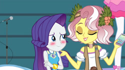 Size: 3410x1920 | Tagged: safe, imported from derpibooru, screencap, pinkie pie, rarity, vignette valencia, equestria girls, equestria girls series, rollercoaster of friendship, bracelet, cellphone, eyes closed, female, geode of shielding, high res, jewelry, magical geodes, phone, rarity peplum dress, smartphone, smiling