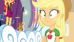 Size: 3410x1920 | Tagged: safe, imported from derpibooru, screencap, applejack, sunset shimmer, equestria girls, equestria girls series, rollercoaster of friendship, applejack's hat, bass guitar, clothes, cowboy hat, cutie mark, cutie mark on clothes, drums, female, geode of empathy, geode of super strength, hat, high res, jacket, jewelry, leather, leather jacket, magical geodes, musical instrument, necklace, shrunken pupils