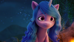 Size: 3840x2160 | Tagged: safe, edit, edited screencap, imported from derpibooru, screencap, izzy moonbow, pony, unicorn, spoiler:my little pony: a new generation, 4k, beautiful, cute, female, fire, g5, high res, izzybetes, looking at you, mare, my little pony: a new generation, night, sky, smiling, solo, stars, upscaled, wallpaper