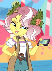 Size: 1124x1544 | Tagged: safe, edit, edited screencap, imported from derpibooru, screencap, vignette valencia, equestria girls, equestria girls series, rollercoaster of friendship, beauty mark, cellphone, clothes, cropped, female, flower, flower in hair, hand on hip, holly, phone, shorts, smartphone, smiling, solo