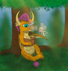 Size: 2764x2896 | Tagged: safe, artist:snow quill, imported from derpibooru, ocellus, smolder, breezie, dragon, book, breeziefied, daytime, dragoness, female, forest, high res, lying down, mlp fim's eleventh anniversary, perched, sitting, species swap, standing, sun, tree, writing