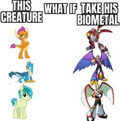 Size: 1024x1024 | Tagged: safe, imported from derpibooru, gallus, ocellus, sandbar, silverstream, smolder, yona, mega man (series), meme, student six