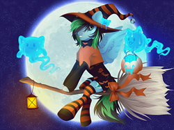 Size: 700x524 | Tagged: safe, artist:pidorac, imported from derpibooru, oc, oc only, oc:weo, pegasus, pony, broom, clothes, costume, flying, flying broomstick, halloween, halloween costume, hat, lantern, male, moon, pumpkin bucket, sky, socks, solo, stallion, stars, striped socks, witch hat