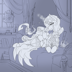 Size: 2000x2000 | Tagged: safe, artist:twotail813, imported from derpibooru, rarity, pony, unicorn, clothes, eyebrows, eyebrows visible through hair, female, high res, magic, magic aura, mare, monochrome, sketch, smiling, solo, telekinesis