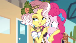 Size: 3410x1920 | Tagged: safe, imported from derpibooru, screencap, pinkie pie, vignette valencia, equestria girls, equestria girls series, rollercoaster of friendship, boop, clothes, cutie mark, cutie mark on clothes, female, geode of sugar bombs, high res, jewelry, magical geodes, necklace, noseboop, smiling, tanktop