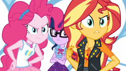 Size: 3410x1920 | Tagged: safe, imported from derpibooru, screencap, pinkie pie, sci-twi, sunset shimmer, twilight sparkle, equestria girls, equestria girls series, rollercoaster of friendship, bowtie, clothes, crossed arms, cutie mark, cutie mark on clothes, female, geode of empathy, geode of sugar bombs, geode of telekinesis, glasses, high res, jacket, jewelry, leather, leather jacket, magical geodes, necklace, ponytail, tanktop