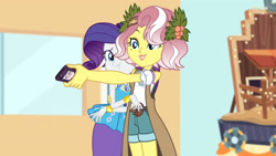 Size: 3410x1920 | Tagged: safe, imported from derpibooru, screencap, rarity, vignette valencia, equestria girls, equestria girls series, rollercoaster of friendship, bracelet, cellphone, female, geode of shielding, high res, jewelry, magical geodes, phone, rarity peplum dress, smartphone, smiling