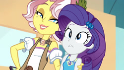 Size: 3410x1920 | Tagged: safe, imported from derpibooru, screencap, rarity, vignette valencia, equestria girls, equestria girls series, rollercoaster of friendship, cellphone, female, geode of shielding, hairpin, hand on shoulder, high res, magical geodes, phone, rarity peplum dress, smartphone, smiling