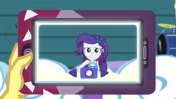 Size: 3410x1920 | Tagged: safe, imported from derpibooru, screencap, rarity, vignette valencia, equestria girls, equestria girls series, rollercoaster of friendship, bracelet, cellphone, female, hairpin, high res, jewelry, phone, rarity peplum dress, smartphone, solo focus