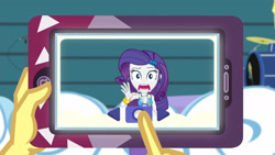 Size: 3410x1920 | Tagged: safe, imported from derpibooru, screencap, rarity, vignette valencia, equestria girls, equestria girls series, rollercoaster of friendship, bracelet, cellphone, female, hairpin, high res, jewelry, open mouth, phone, rarity peplum dress, smartphone, solo focus