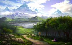 Size: 1280x805 | Tagged: safe, artist:zetamad, imported from derpibooru, twilight sparkle, pony, unicorn, book, cloud, female, forest, grass, lake, mare, mountain, outdoors, scenery, scenery focus, scenery porn, sign, solo, tree