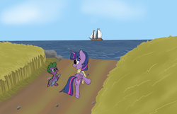 Size: 2230x1433 | Tagged: safe, artist:aklesswift, imported from derpibooru, spike, twilight sparkle, alicorn, dragon, pony, boat, cloud, day, eye contact, folded wings, happy, horn, looking at each other, ocean, open mouth, open smile, road, ship, sky, smiling, talking, twilight sparkle (alicorn), walking, wings