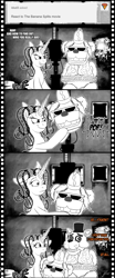 Size: 1359x3254 | Tagged: safe, artist:jamescorck, imported from derpibooru, oc, oc:movie slate, pony, unicorn, crossover, female, five nights at freddy's, freddy fazbear, mare, monochrome, scooby doo