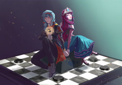 Size: 4396x3077 | Tagged: artist needed, source needed, safe, imported from derpibooru, cozy glow, princess flurry heart, human, checkers, chess piece, chessboard, cozyheart, digital painting, female, gradient background, holding hands, humanized, lesbian, older, older cozy glow, older flurry heart, shipping, sitting