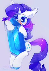 Size: 812x1190 | Tagged: safe, artist:astralblues, imported from derpibooru, rarity, pony, unicorn, blue background, blush sticker, blushing, chibi, colored hooves, crystal, cute, ear fluff, female, gem, heart eyes, leg fluff, mare, micro, open mouth, raribetes, simple background, sitting, solo, wingding eyes