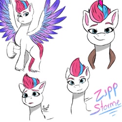 Size: 1000x1000 | Tagged: safe, artist:marolf_loup, imported from derpibooru, zipp storm, pegasus, pony, feathered wings, g5, looking at you, my little pony: a new generation, smiling, solo, spread wings, wings