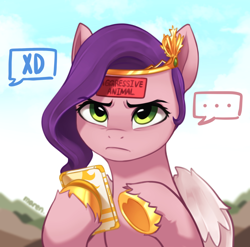 Size: 1804x1781 | Tagged: safe, artist:maren, imported from derpibooru, pipp petals, pegasus, pony, ..., aggressive, angry, cellphone, female, g5, golden horseshoes, horseshoes, looking at you, mare, my little pony: a new generation, offscreen character, phone, pipp petals is not amused, smartphone, solo, xd