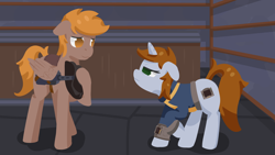 Size: 1600x900 | Tagged: safe, artist:toshimatsu, imported from derpibooru, oc, oc only, oc:calamity, oc:littlepip, pegasus, pony, unicorn, fallout equestria, battle saddle, clothes, fanfic, fanfic art, female, gun, hat, hooves, horn, jumpsuit, mane, mare, new appleloosa, pegasus oc, pipbuck, raised hoof, remorse, scowl, tail, unicorn oc, vault suit, weapon, wings