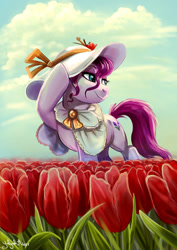 Size: 693x980 | Tagged: safe, artist:yulyeen, imported from derpibooru, oc, oc only, earth pony, pony, cloud, cottagecore, female, flower, hat, lidded eyes, mare, netherlands, ponycon holland, smiling, solo, sun hat, tulip