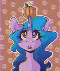 Size: 768x911 | Tagged: safe, artist:theuglymug, imported from derpibooru, izzy moonbow, pony, unicorn, bust, female, g5, izzy impaling things, pumpkin, solo