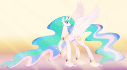 Size: 1280x704 | Tagged: safe, artist:katsuforov-chan, imported from derpibooru, princess celestia, alicorn, pony, crepuscular rays, female, solo, spread wings, wings