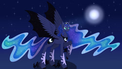 Size: 1280x725 | Tagged: safe, artist:katsuforov-chan, imported from derpibooru, princess luna, alicorn, pony, bat wings, crown, cutie mark, female, hybrid wings, jewelry, moon, night, regalia, solo, spread wings, unshorn fetlocks, wings