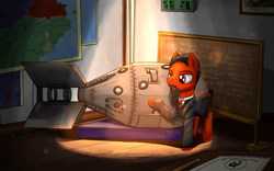 Size: 2000x1245 | Tagged: safe, artist:uteuk, imported from derpibooru, oc, oc only, earth pony, pony, equestria at war mod, atomic bomb, chalkboard, clock, doomsday clock, equation, indoors, looking at something, male, map, nuclear physics, nuclear weapon, ponified, raised hoof, solo, spotlight, stallion, stalliongrad, weapon