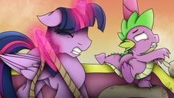 Size: 1920x1080 | Tagged: safe, artist:thelifeoncl0ud9, imported from derpibooru, spike, twilight sparkle, alicorn, dragon, pony, fanfic:history repeats, duo, eyes closed, female, glowing, glowing horn, gritted teeth, horn, hot air balloon, magic, male, telekinesis, twilight sparkle (alicorn)