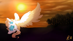 Size: 1024x576 | Tagged: safe, artist:hirundoarvensis, imported from derpibooru, oc, oc only, oc:arvensis, beetle, insect, pegasus, pony, female, hug, mare, solo, sunset, wallpaper