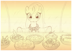 Size: 1063x759 | Tagged: safe, artist:sherwoodwhisper, imported from derpibooru, oc, oc only, oc:eri, pony, unicorn, cape, clothes, female, filly, food, inktober, inktober 2021, monochrome, solo, table