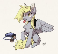 Size: 1349x1258 | Tagged: safe, artist:ashtodusk, imported from derpibooru, derpy hooves, pegasus, pony, :p, bag, blushing, chest fluff, cute, derpabetes, food, muffin, simple background, solo, spread wings, tongue out, white background, wings