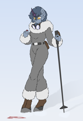 Size: 2600x3800 | Tagged: safe, artist:sneetymist, imported from derpibooru, oc, oc only, oc:winter peak, anthro, kirin, belt, blood, blood trail, boots, clothes, female, fluffy, fur coat, fur collar, goggles, high res, hiking boots, hiking stick, jacket, kirin oc, mare, no pupils, no tail, parka, shoes, solo, uniform, winter outfit