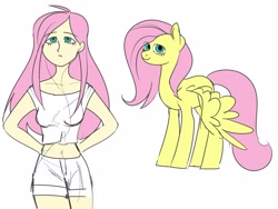 Size: 2048x1537 | Tagged: safe, artist:xwosya, imported from derpibooru, fluttershy, human, pegasus, pony, breasts, busty fluttershy, cleavage, clothes, female, hands behind back, human ponidox, humanized, mare, midriff, self ponidox, shorts, simple background, sketch, sleeveless, solo, white background