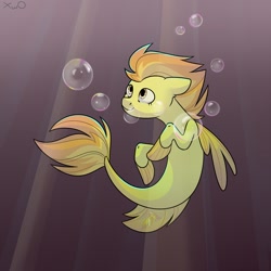 Size: 1080x1080 | Tagged: safe, artist:xwosya, imported from derpibooru, spitfire, pegasus, seapony (g4), bubble, crepuscular rays, dorsal fin, female, fin wings, fins, fish tail, flowing tail, looking up, ocean, orange mane, seaponified, smiling, solo, species swap, swimming, tail, underwater, water, wings, yellow eyes