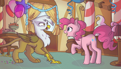 Size: 3000x1700 | Tagged: safe, artist:xwosya, imported from derpibooru, gilda, pinkie pie, earth pony, griffon, pony, griffon the brush off, balloon, duo, female, looking at each other, mare, party balloon, raised hoof, scene interpretation, snacks, streamers