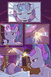 Size: 960x1440 | Tagged: safe, artist:cold-blooded-twilight, imported from derpibooru, rarity, sweetie belle, twilight sparkle, pony, unicorn, cold blooded twilight, comic:cold storm, bedroom, comic, crying, eyepatch, eyes closed, female, filly, glowing, glowing horn, horn, ice, ice pack, lidded eyes, magic, magic aura, mare, messy mane, open mouth, pillow, telekinesis, unicorn twilight