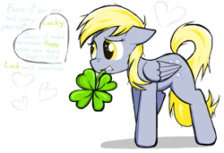 Size: 1280x874 | Tagged: safe, artist:sallycars, imported from derpibooru, derpy hooves, pegasus, pony, clover, dialogue, female, four leaf clover, heart, mare, ms paint, simple background, solo, white background