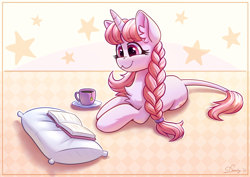 Size: 3508x2480 | Tagged: safe, artist:dandy, imported from derpibooru, pony, unicorn, book, braid, commission, cup, female, high res, lying down, mare, pillow, reading, smiling, solo, teacup